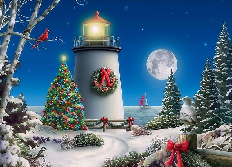 Christmas Lighthouse, moons, holidays, Christmas Tree, love four seasons, attractions in dreams, xmas and new year, winter, cardinals, paintings, snow, winter holidays, lighthouses, nature, HD wallpaper