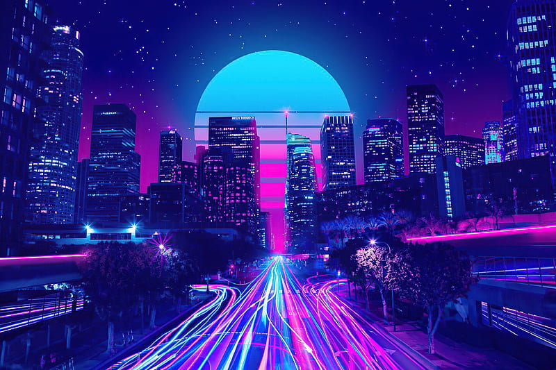 Neon City Los Angels, neon, artist, artwork, digital-art, HD wallpaper