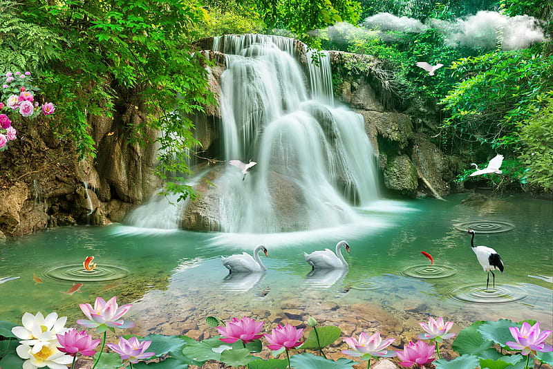Waterfall in paradise, forest, pond, lotus, paradise, birds, waterfall, lilies, bonito, HD wallpaper