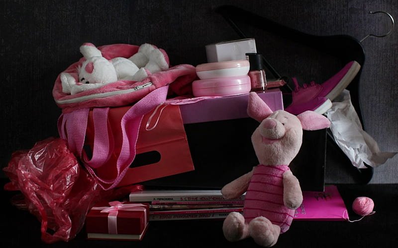 Still life, bag, box, piglet, pink, HD wallpaper
