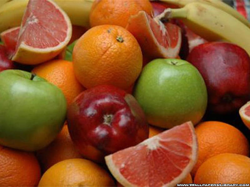 Tastie Fruits, apple, red, fruits, tastie, ogange, fruit, green, grapefruit, banana, HD wallpaper
