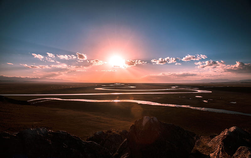 Prairie River Sunrise, river, sunrise, nature, HD wallpaper