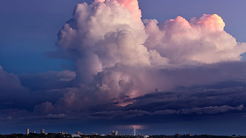 massive cloud above a lightning storm, city, lightning, storm, clouds, HD wallpaper