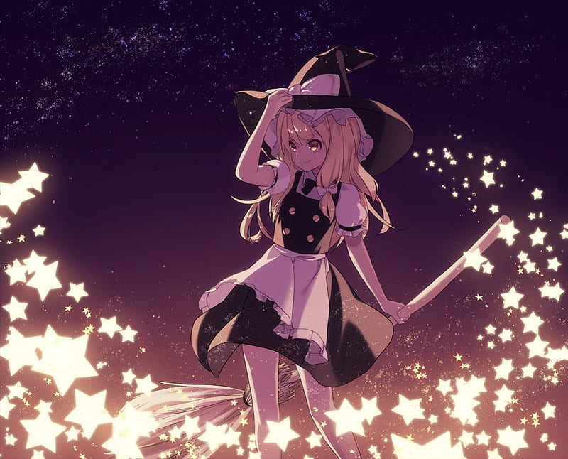 ~Starry Magic~, stars, witch, Touhou, magic, broom, cute, fantasy, anime, Marisa Kirisame, HD wallpaper