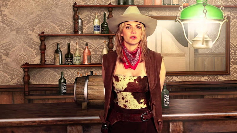 Cowgirl~Nina Bott, lantern, cowgirl, liquor, hat, saloon, gun, Nina Bott, mirror, bottles, HD wallpaper