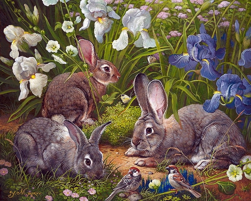 Bunnies and birds, art, rabbit, bird, painting, pasari, garden, bunny ...