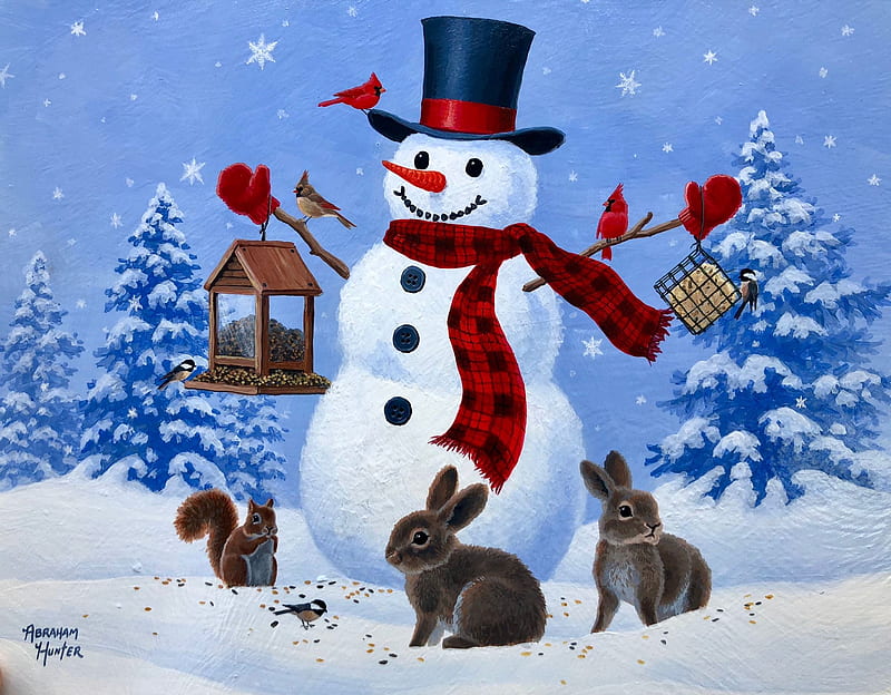 Joyful Gathering, trees, snowman, winter, cardinal, squirrel, birds, artwork, snow, chickadee, painting, rabbits, HD wallpaper