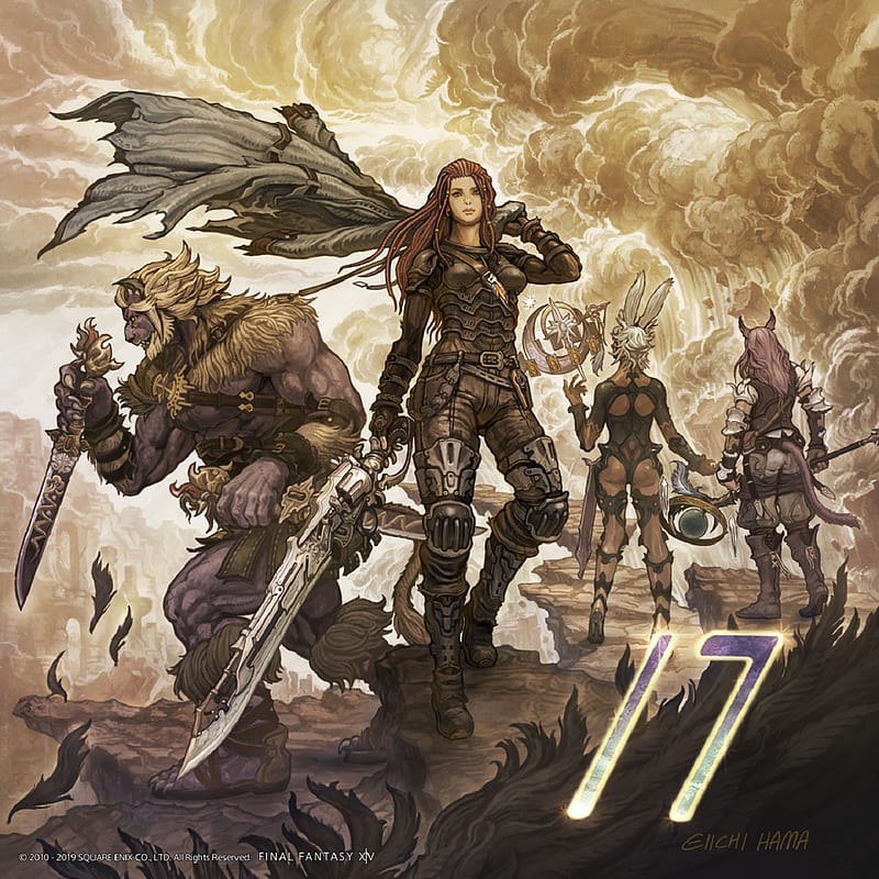Final Fantasy XIV: A Realm Reborn, video game art, clouds, cape, staff, sword, viera, numbers, Square Enix, Final Fantasy, HD phone wallpaper