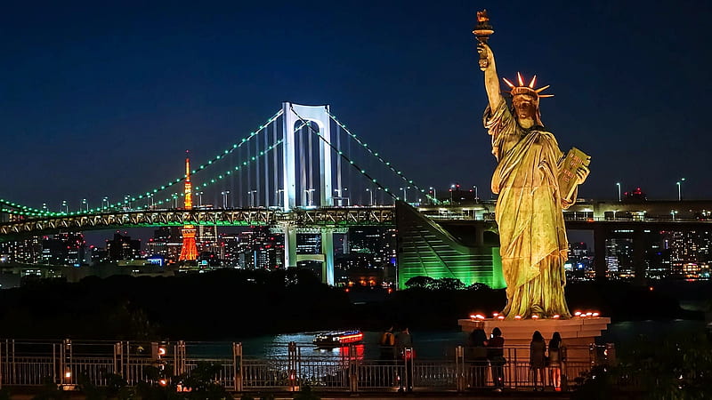 Liberty, bridge, new york, city, statue, buildings, hudson, HD wallpaper