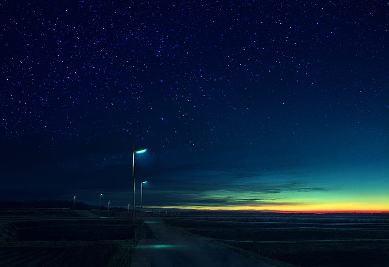 Starry Lit Fields, Nightscape, Night Sky, Stars, Anime, Sky, Light Posts, Lamps, Sunset, Clouds, Rice Paddy, Fields, Road, HD wallpaper