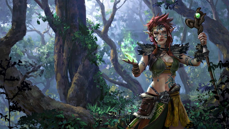 Forest guardian, forest, fantasy, green, girl, magical, temple guardian, tyleredlinart, HD wallpaper