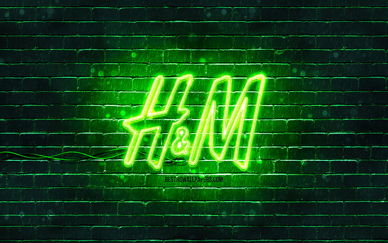 H and M green logo green brickwall, H and M logo, fashion brands, H and M neon logo, H and M, HD wallpaper