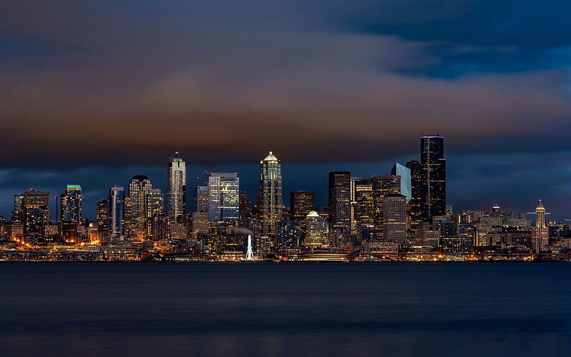 Seattle, cityscape, night, skyscrapers, skyline, United States, Washington, modern city, USA, HD wallpaper