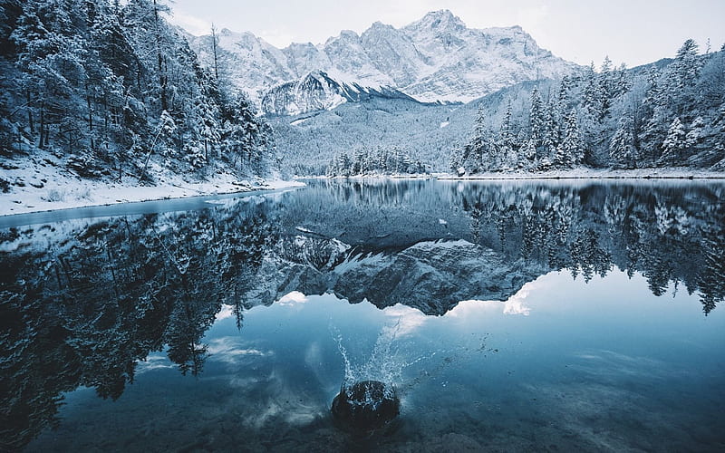 winter, mountain lake, snow, forest, mountains, HD wallpaper