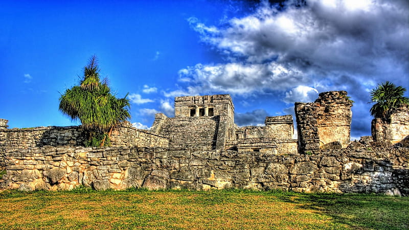 beautiful mayan ruins in tulum mexico r, ancient, grass, ruins, r, clouds, HD wallpaper