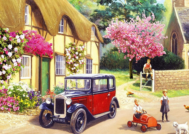 Out & About, cottage, hens, children, roses, church, artwork, tree, car, painting, dog, HD wallpaper