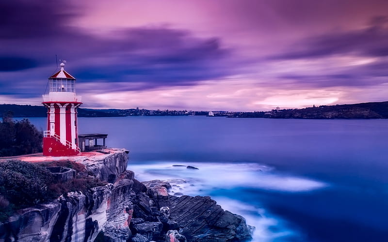 Sydney, lighthouse, harbor, bay, dusk, Australia, HD wallpaper