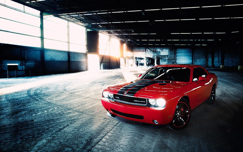 Dodge Challenger SRT, supercars, hangar, red dodge, HD wallpaper