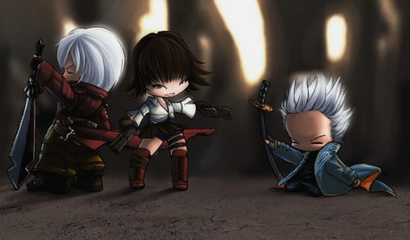 Devil May Cry III, games, boots, white hair, game, video games, devil may cry, guns, spiky hair, anime, swords, dante, trench coats, brown hair, skirt, chibi, weapons, short hair, cute, vergil, lady, dmc, HD wallpaper