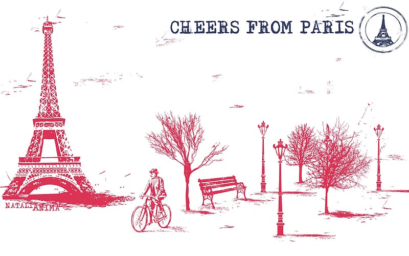 :), paris, red, man, bike, card, tree, white, france, park, eiffel tower, HD wallpaper