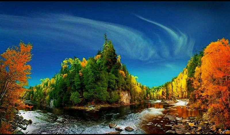 River Crossing, fall, stones, colors, nature, trees, artwork, HD wallpaper