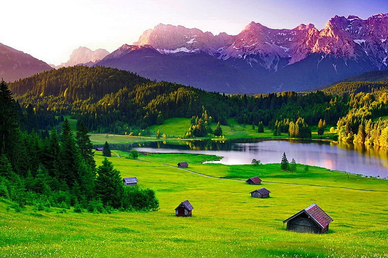 Mountain houses, pretty, cottages, grass, bonito, mountain, nice, green, village, peaks, cabins, lovely, view, houses, greenery, lake, pond, slope, summer, nature, meadow, field, HD wallpaper