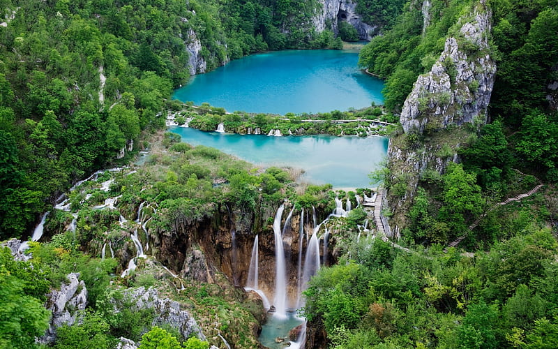 Plitvice lakes, Croatia, mountain lakes, forest, waterfalls, lakes, Croatian landmark, HD wallpaper