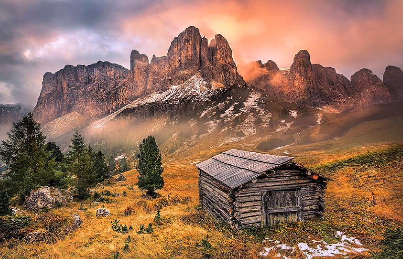 Sella Mountains, South Tyrol, Italy, sunset, cabin, clouds, sky, landscape, HD wallpaper
