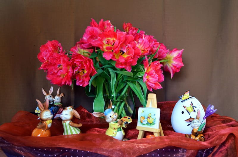 Easter Still Life, egg, arangement, blossoms, spring, tulips, bunnies, HD wallpaper