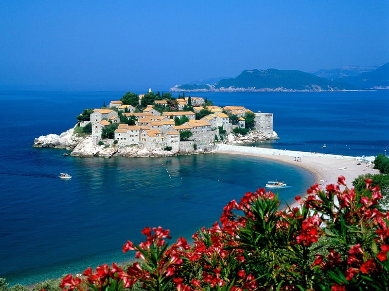 Sveti Stefan Serbia And Montenegro, beach, town, flower, serbia, nature, montenegro, sea, landscape, HD wallpaper