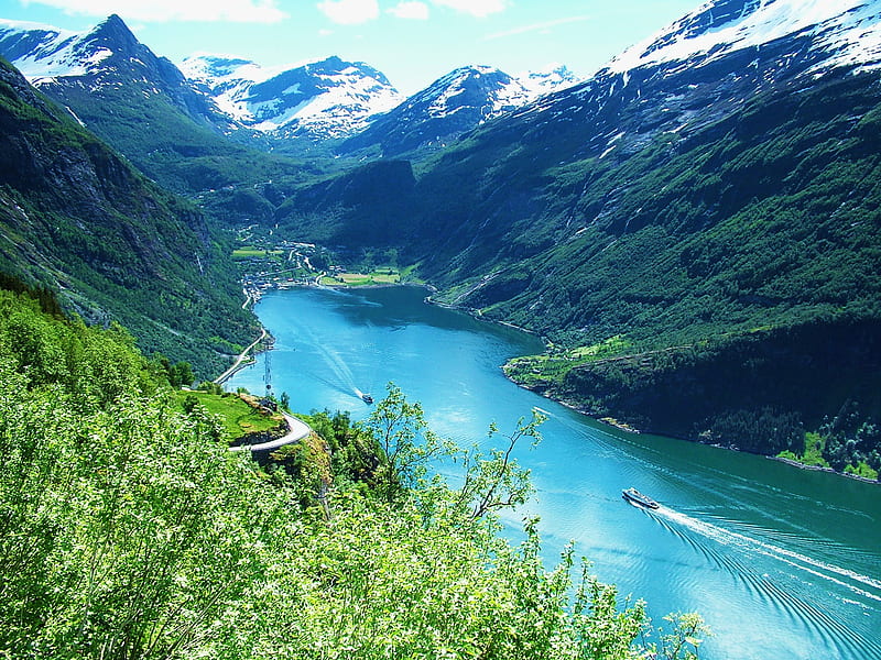Norway geiranger, forest, fiord, bonito, sky, water, snow, mountains, summer, nature, norway, landscape, blue, HD wallpaper