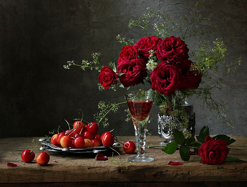 Still Life, red roses, red, pretty, rose, cherries, glasses, vase, bonito, red rose, graphy, flowers, beauty, red petals, lovely, romantic, romance, roses, glass, nature, petals, cherry, HD wallpaper