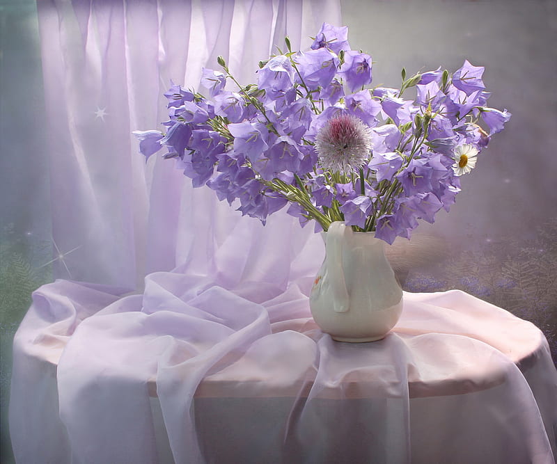 Canterbury bells, Flowers, Curtain, Table, Purple, HD wallpaper