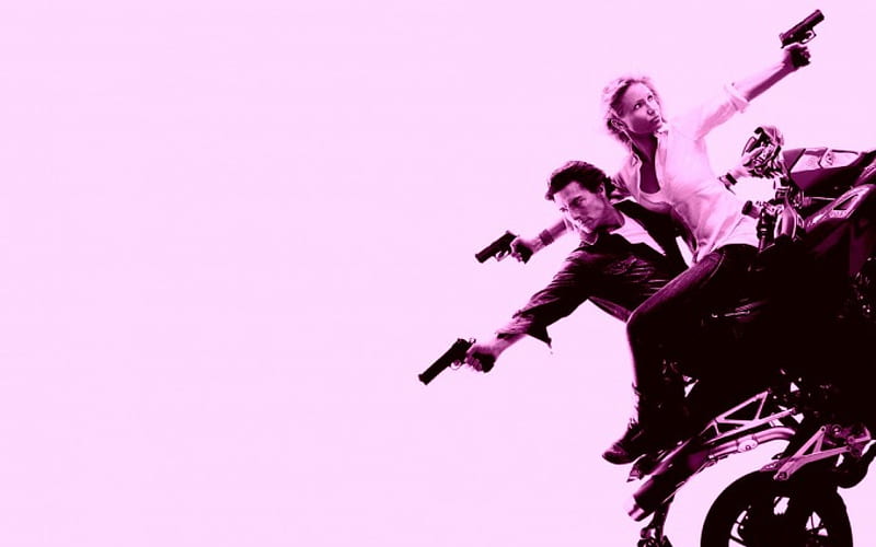 Knight and Day (2010), movie, black, blonde, man, cameron diaz, woman, tom cruise, knight and day, gun, actress, bike, pink, actor, HD wallpaper