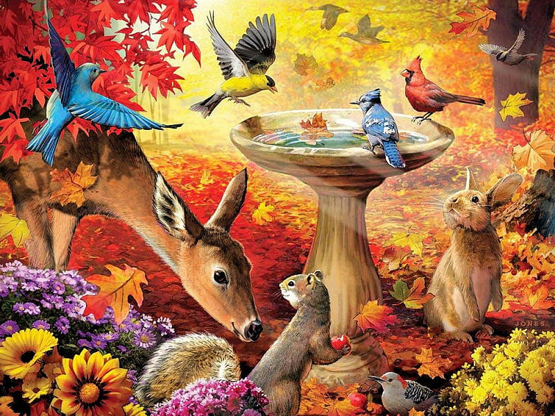 Autumn Birdbath, squirrel, leaves, painting, flowers, birds, colors, deer, artwork, rabbit, HD wallpaper