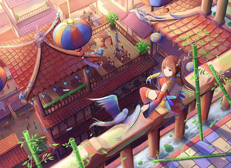 Roof Top, house, scenic lantern, home, bamboo, anime, people, party, anime girl, scenery, top, female, roof, high, rooftop, building, girl, bird, oriental, chinese, scene, landscape, HD wallpaper