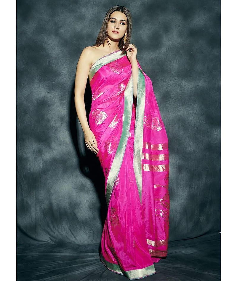 Kriti Sanon, actress, bonito, bollywood, indian beauty, milky beauty, pink, saree, HD phone wallpaper