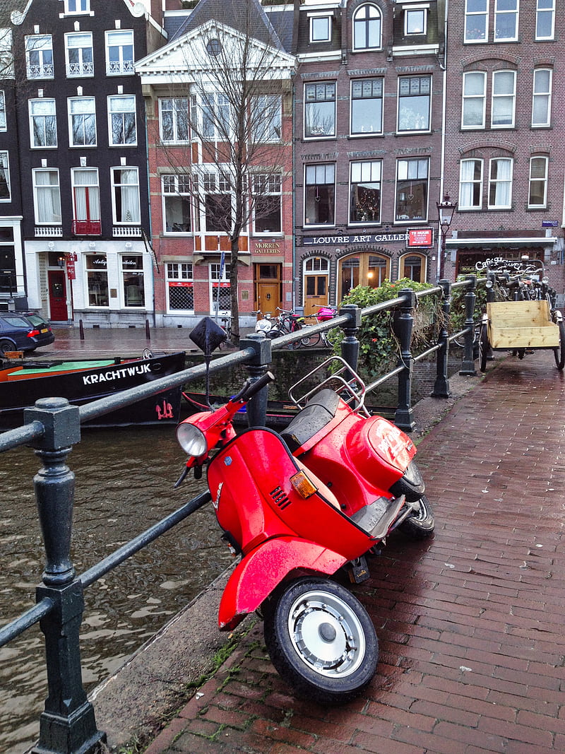 scooter, bike, red, bridge, street, HD phone wallpaper
