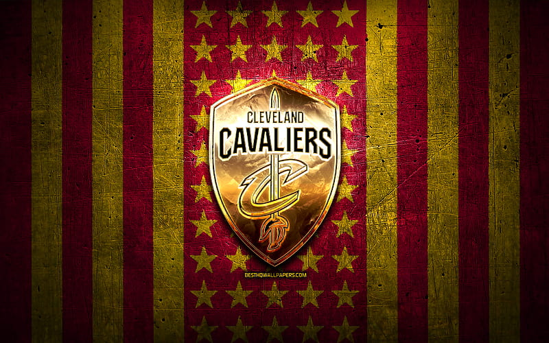 Cleveland Cavaliers flag, NBA, yellow purple metal background, american basketball club, Cleveland Cavaliers logo, CAVS, USA, basketball, golden logo, Cleveland Cavaliers, CAVS logo, HD wallpaper