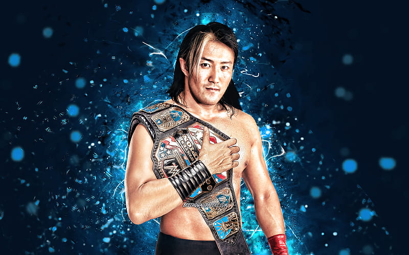 Yoshi Tatsu japanese wrestler, WWE, blue neon lights, Naofumi Yamamoto, wrestling, Yoshi Tatsu with belt, creative, wrestlers, Yoshi Tatsu, HD wallpaper