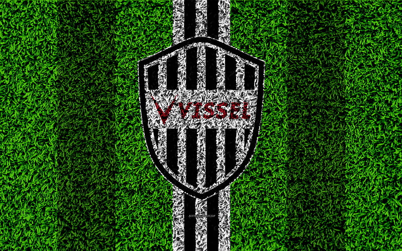 Vissel Kobe FC logo, football lawn, Japanese football club, white black lines, grass texture, J1 League, Kobe, japan, football, J-League, HD wallpaper