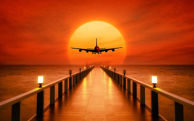 passenger plane, sunset, tropical island, ocean, air travel concepts, orange sky, HD wallpaper