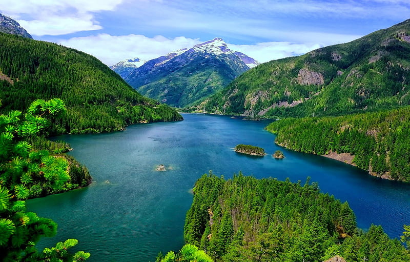 Diablo Lake, Washington, mountain, forest, snowy peak, lakes, North Cascades National Park, bonito, trees, islet, HD wallpaper