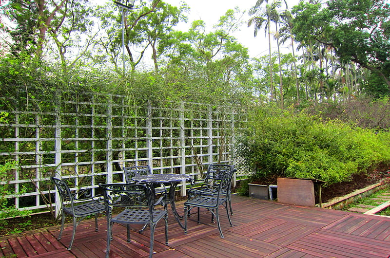 Garden, green, grass, tables and chairs, pergola, HD wallpaper