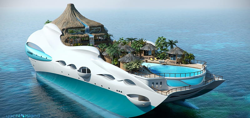 Yacht Island, huts, yacht, coconut, bonito, trees, pool, sea, chairs, island, tropical, blue, HD wallpaper