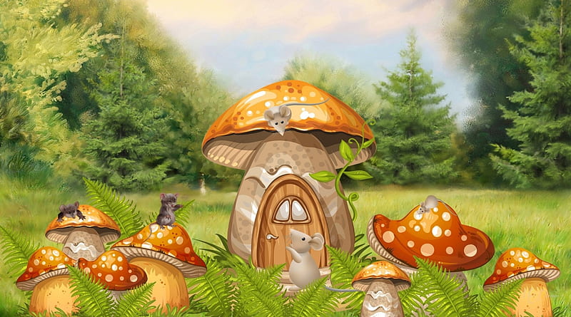 Mice and Mushrooms, forest, house, mice, fairytale, fantasy, whimsical, mushrooms, story, field, Firefox Persona theme, HD wallpaper