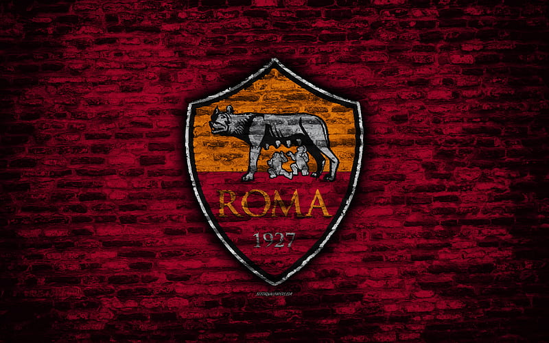 Roma FC logo, brick wall, Serie A, football, Italian football club, soccer, AS Roma, brick texture, Rome, Italy, HD wallpaper