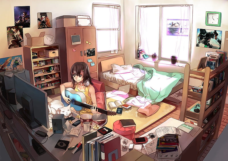 Messy Music, pretty, house, book, bedroom, sweet, nice, anime, anime girl, poster, lovely, kitty, technology, laptop, sexy, cat, tv, cute, guitar, digital, computer, closet, headphones, home, bed, animal, hot, female, pillow, window, shelf, television, girl, cupboard, kitten, pc, HD wallpaper