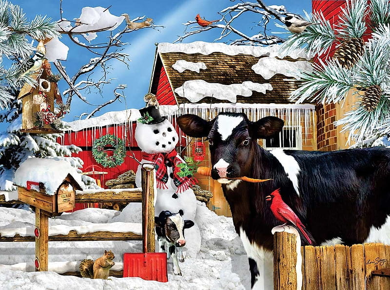Christmas at the farm, farm, art, cow, christmas, painting, snowman, pictura, winter, craciun, HD wallpaper