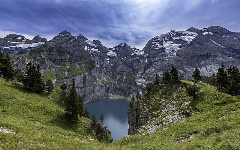 mountains, rocks, mountain lake, Alps, Oeschinen Lake, Bernese Oberland, Switzerland, HD wallpaper